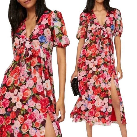 Ieena Mac Duggal Floral Puff Sleeve Tie Slit Romantic Midi Dress Pink Red Size 0 - Picture 15 of 15